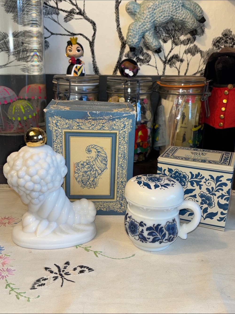 NIB VINTAGE AVON set of two Delft, blue skin softener and cornucopia skin so sof